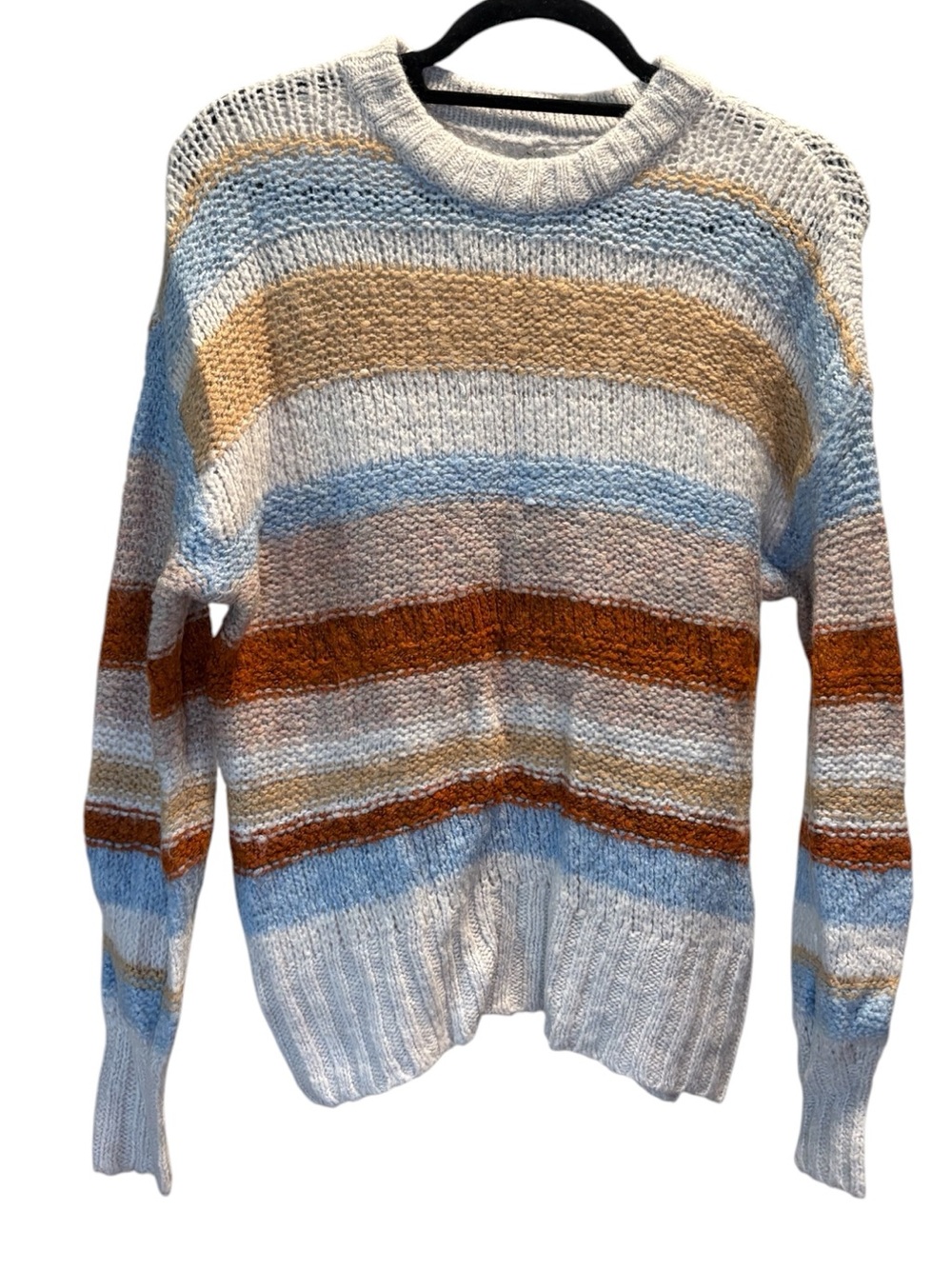 American Eagle Striped Crewneck Sweater in Cream, Light Blue & Brown